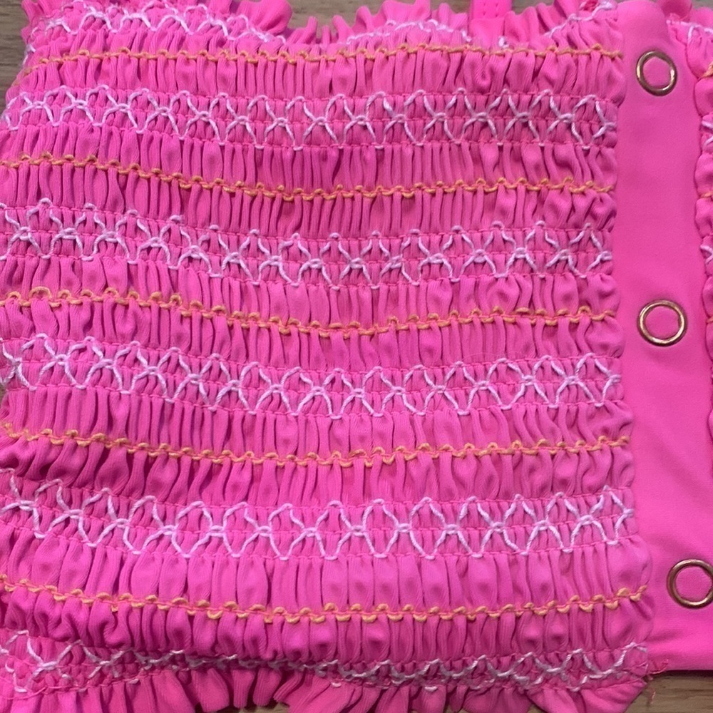 ARIZONA Jean Co. Ruffle Straps Smocked Bandeau Swimsuit Top Hot Pink Women’s M - Picture 2 of 9